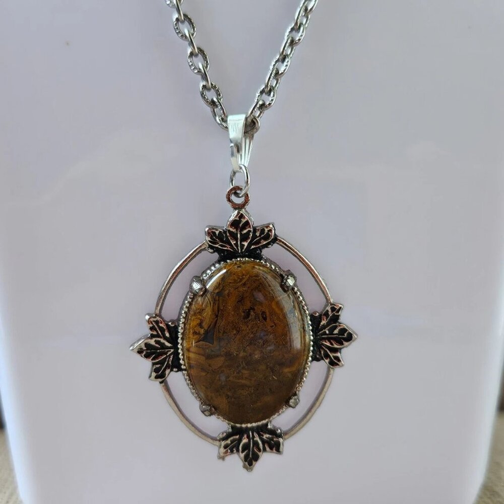 Vintage Pendant Women Necklace Brown Stone Silver Tone Chain Fashion Jewelry - Picture 10 of 12